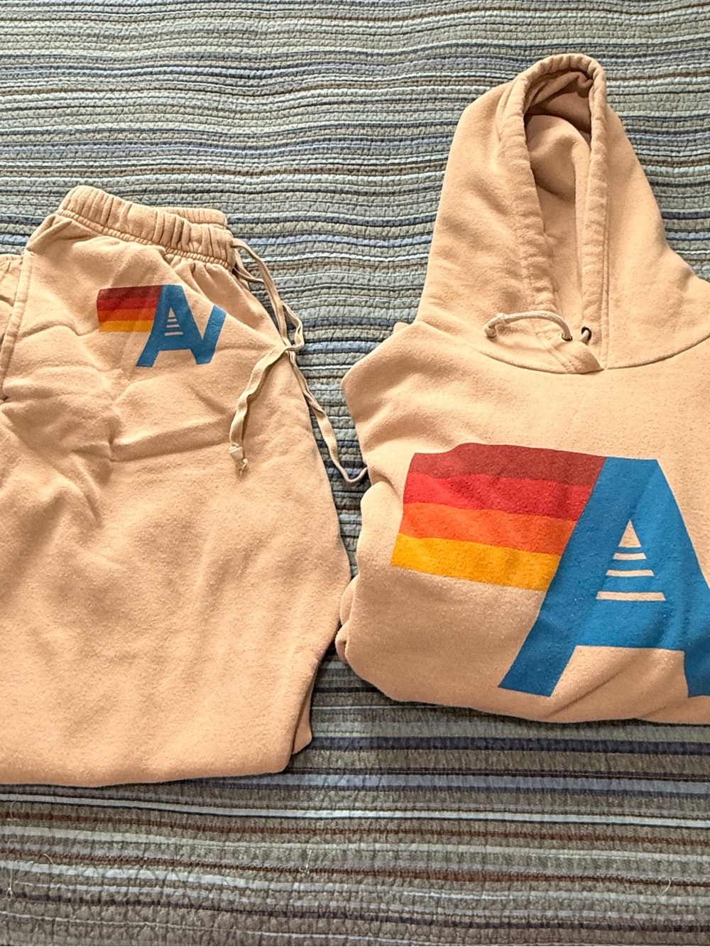 Aviator Nation Sand Sweatpants (M) & Hoodie(L) with Blue 'AV’ and Rainbow Stripe